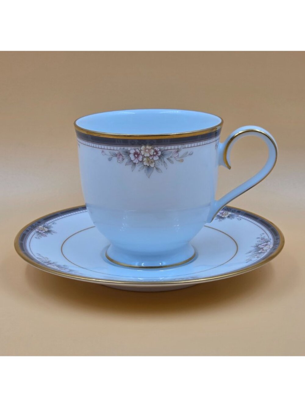 Noritake Ontario Footed Cup and Saucer Set of 3 Blue Gray Band White Pink Flower - Picture 7 of 16